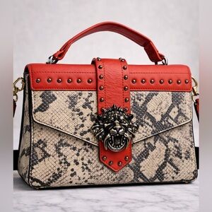 Sharif Rare Snake Print Lion Head Studded Bag Exotic Statement Crossbody